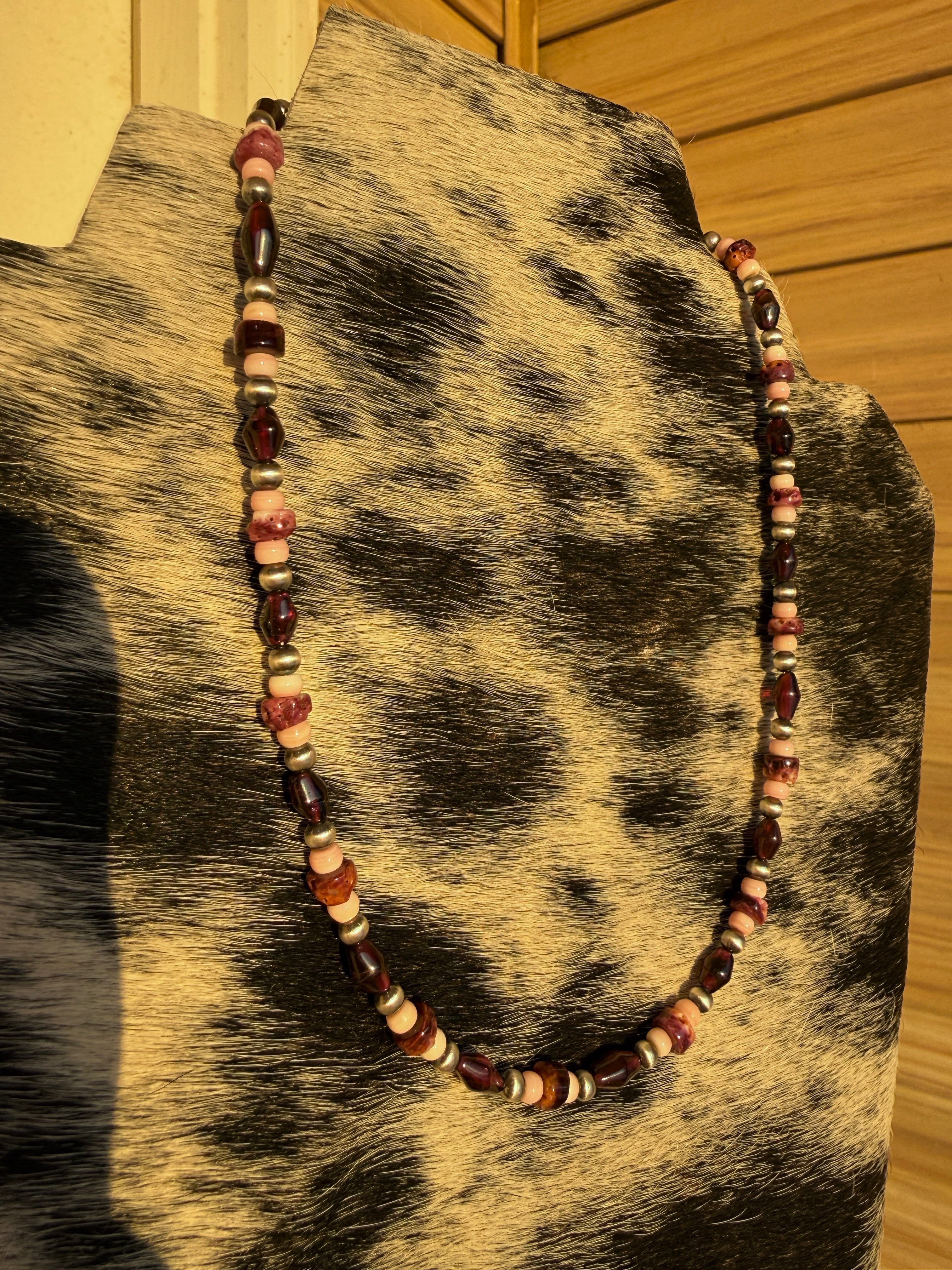 Garnet, Spiny Oyster, Pink Conch & Sterling Pearl Necklace