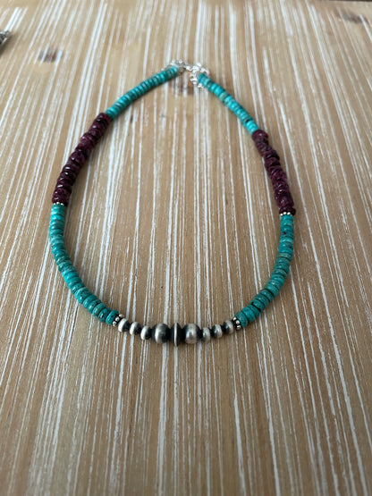 Turquoise, Spiny Oyster & Navajo Pearl Necklace