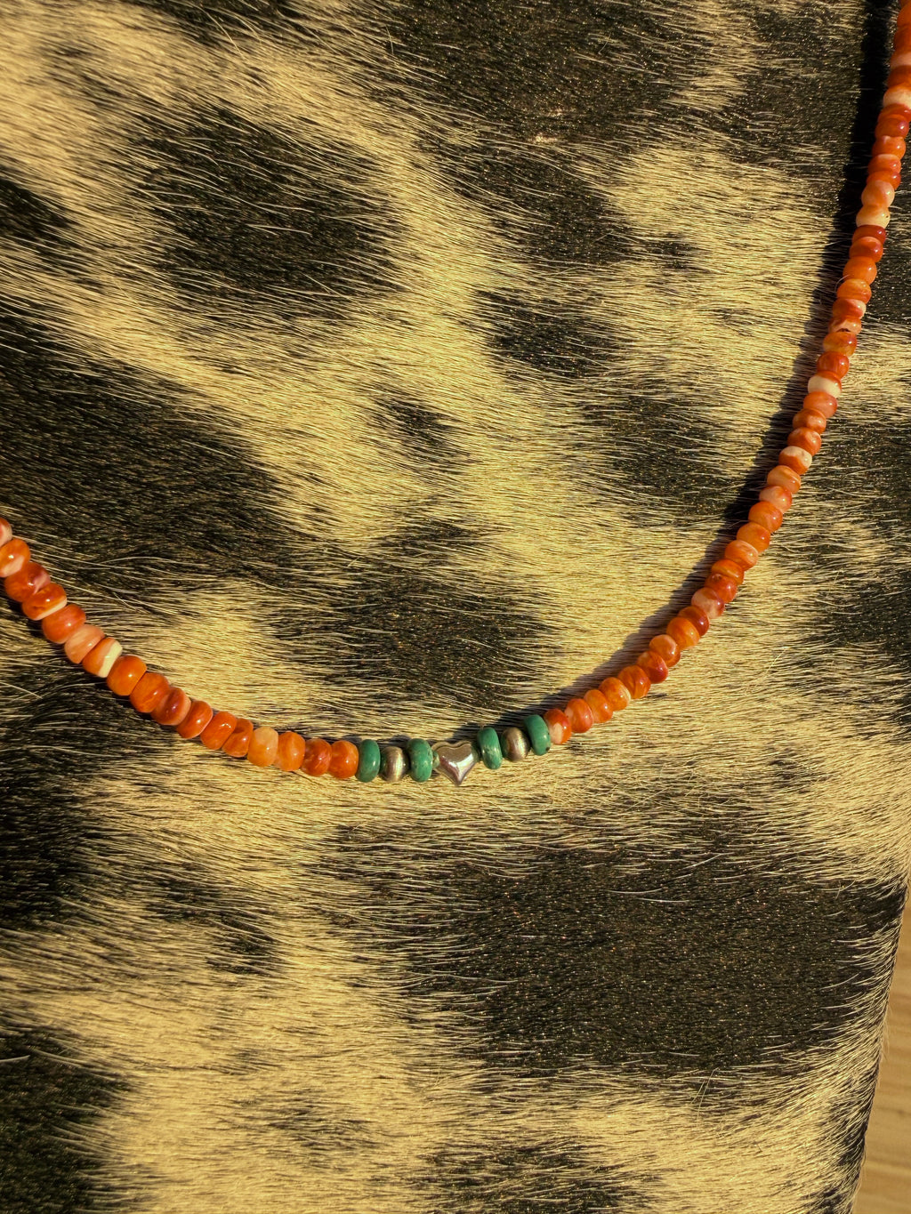 Orange Spiny Oyster, Turquoise & Sterling Heart Necklace