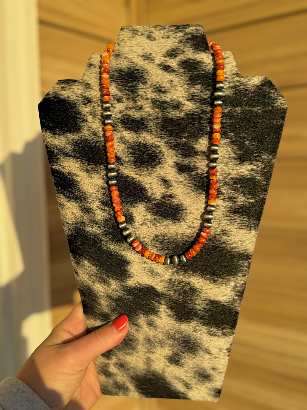 Red & Orange Spiny Oyster & Sterling Pearl Necklace