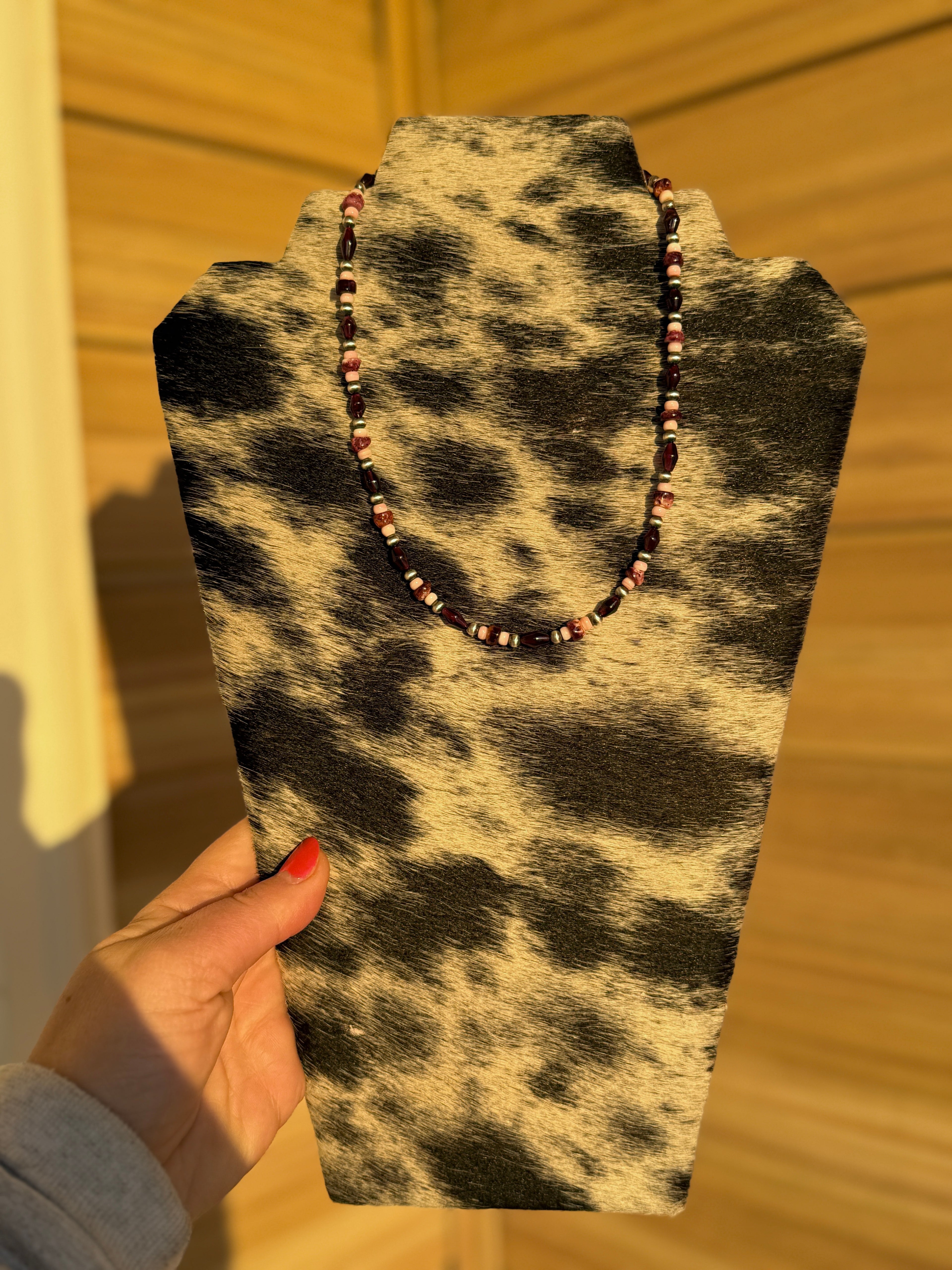 Garnet, Spiny Oyster, Pink Conch & Sterling Pearl Necklace