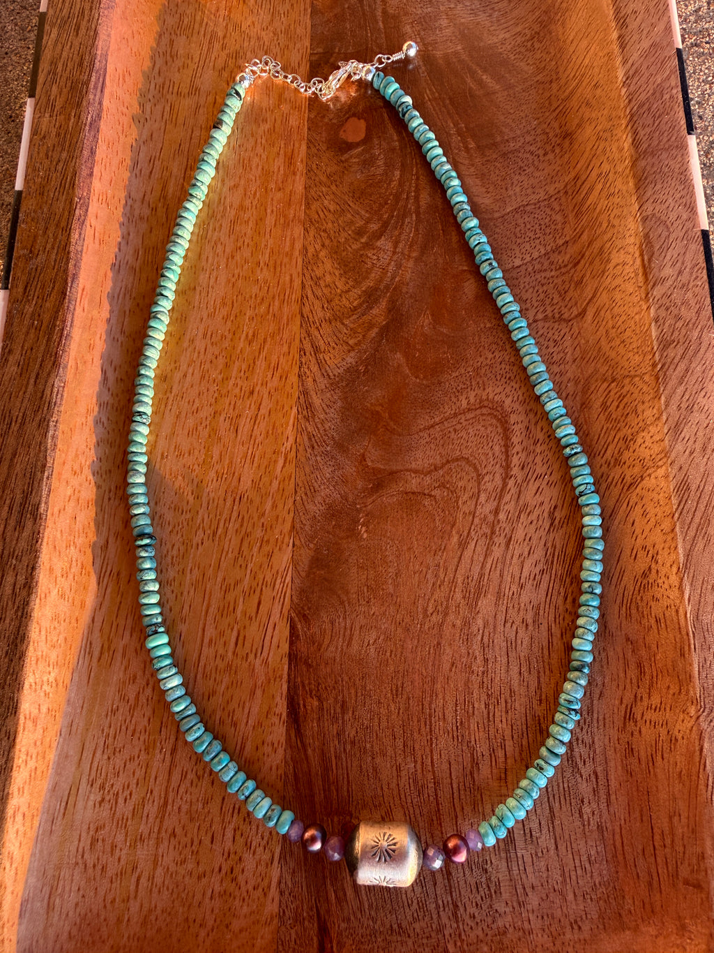 Turquoise, Purple & Stamped Sterling Necklace