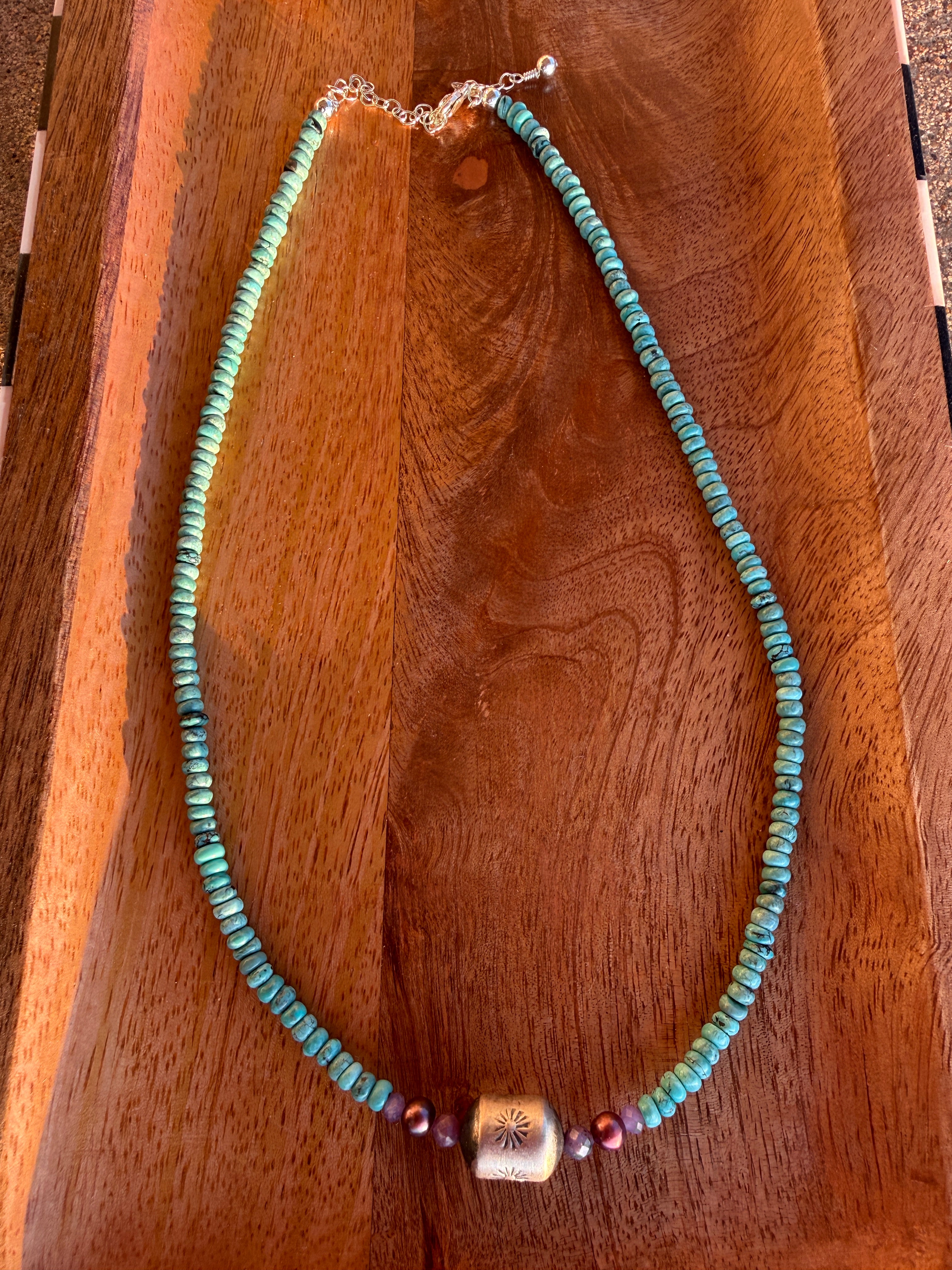 Turquoise, Purple & Stamped Sterling Necklace