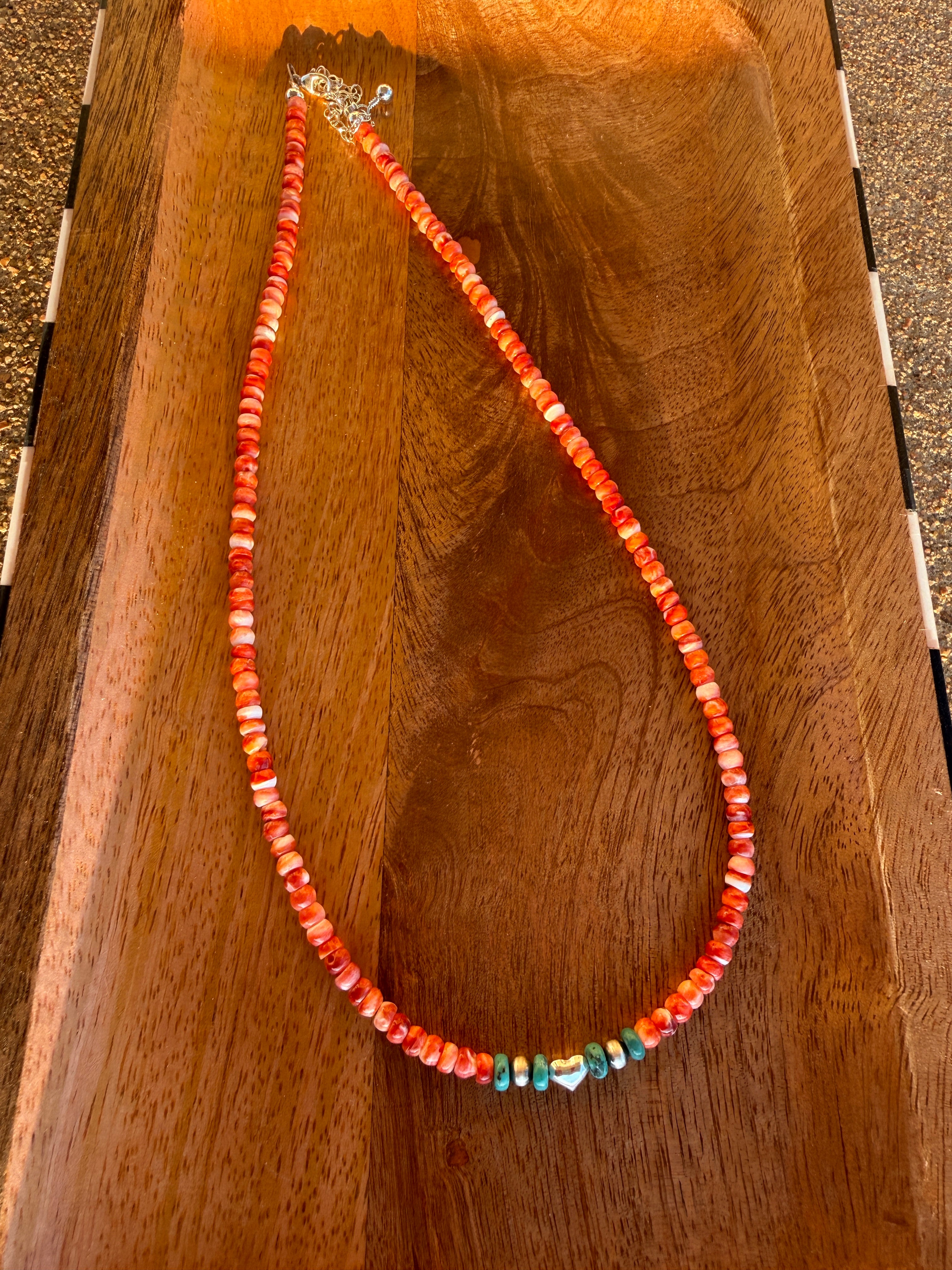 Orange Spiny Oyster, Turquoise & Sterling Heart Necklace