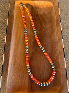 Red & Orange Spiny Oyster & Sterling Pearl Necklace