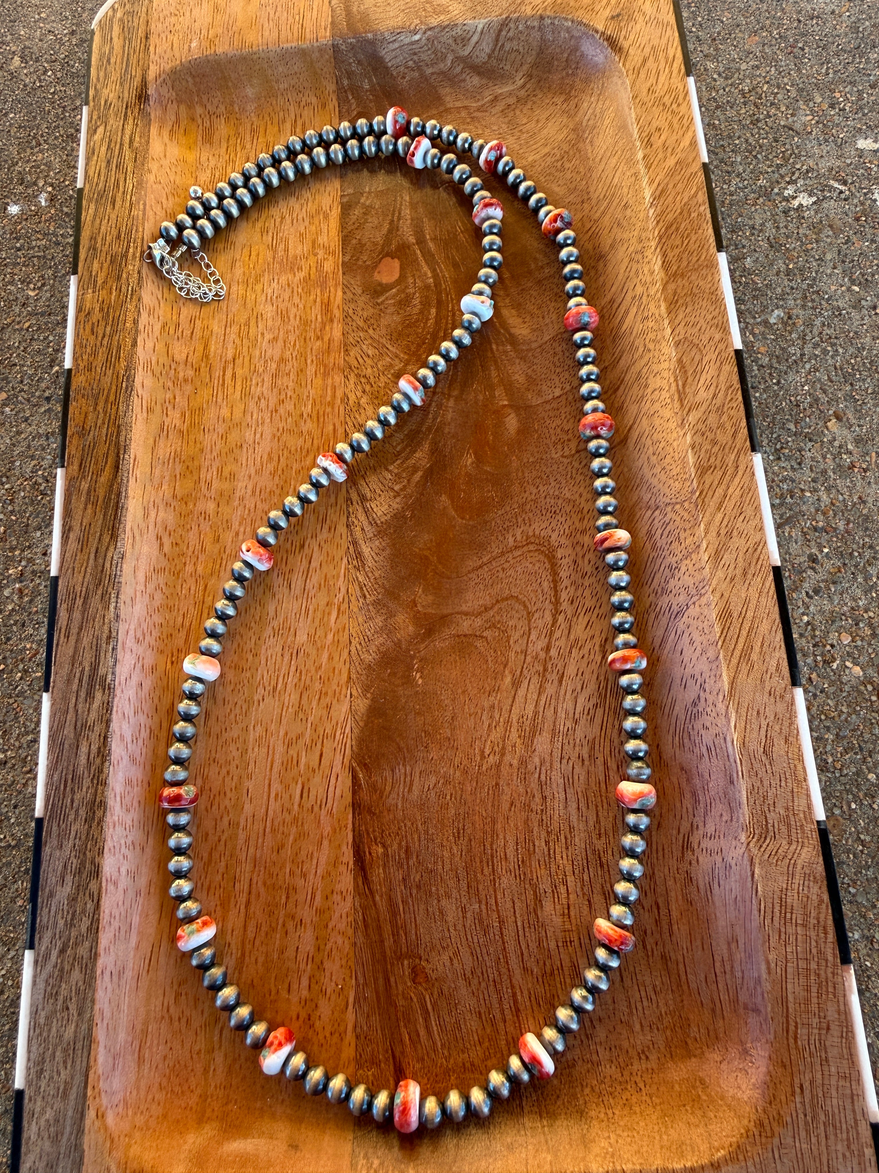 Sterling Pearl & Red Spiny Oyster with Turquoise Inlay Necklace