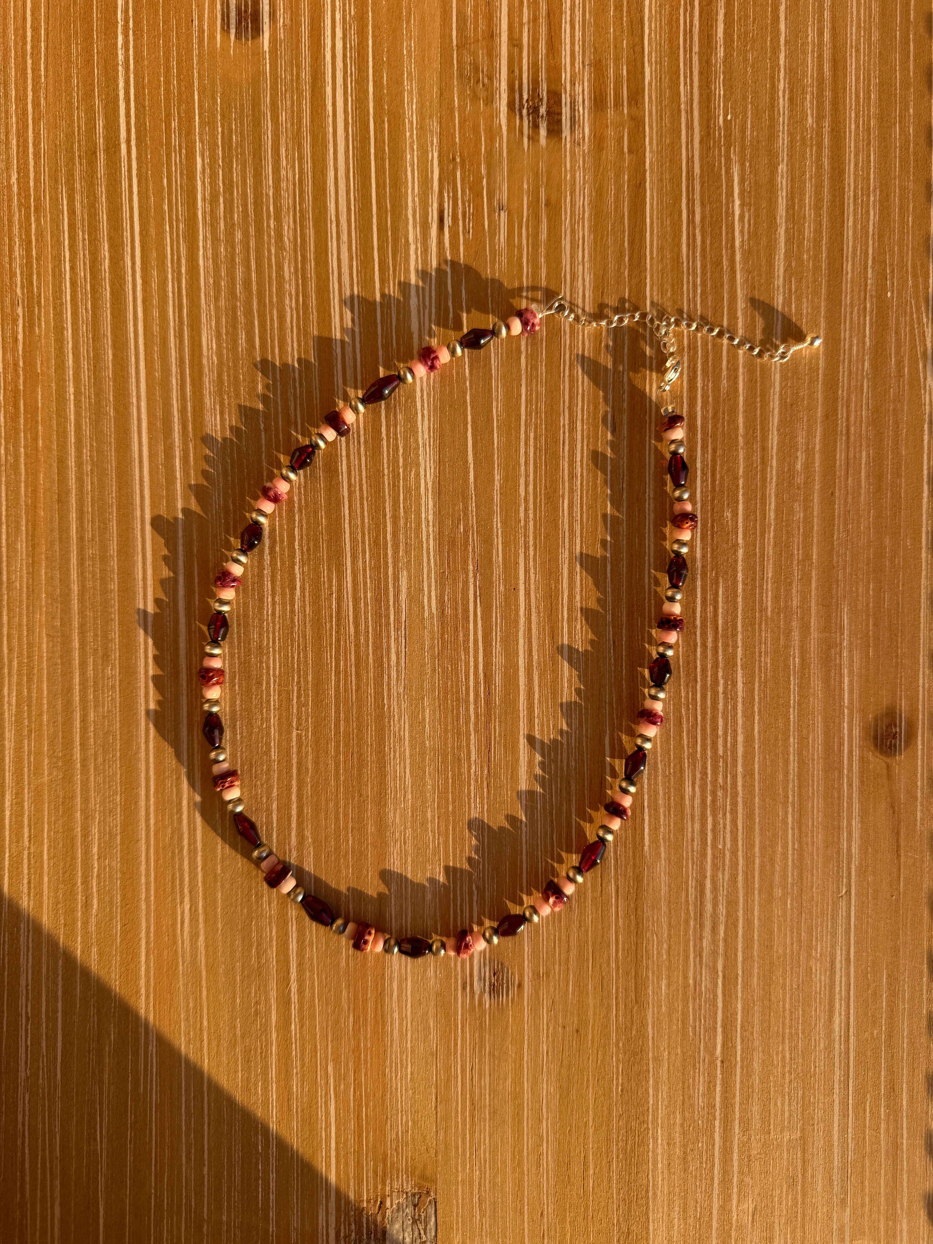 Garnet, Spiny Oyster, Pink Conch & Sterling Pearl Necklace